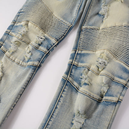 Hand Frayed Beggar Style Distressed Slim Stretch American Men's Jeans
