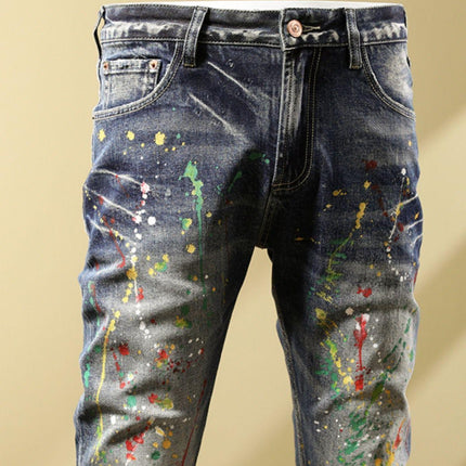 Personalized Fashion Jeans Men's Casual Slim Fit Skinny Retro Splash-ink Paint Trousers