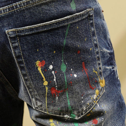 Personalized Fashion Jeans Men's Casual Slim Fit Skinny Retro Splash-ink Paint Trousers